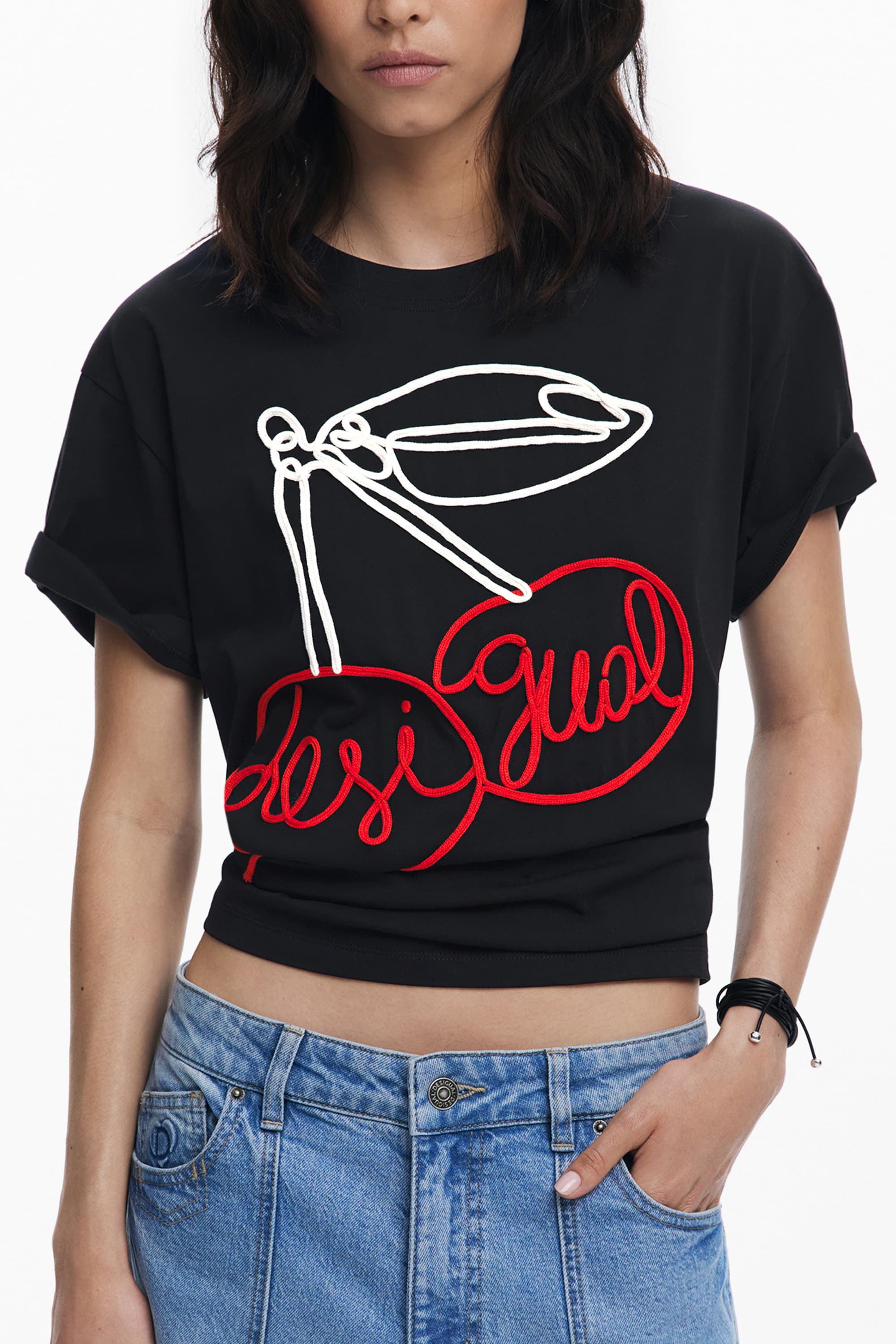 DESIGUAL ДАМСКА ТЕНИСКА С КЪС РЪКАВ, ЧЕРНА - DESIGUAL